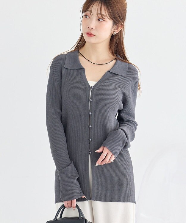 earth music&ecology スキッパー衿リブカーディガン Charcoal Gray