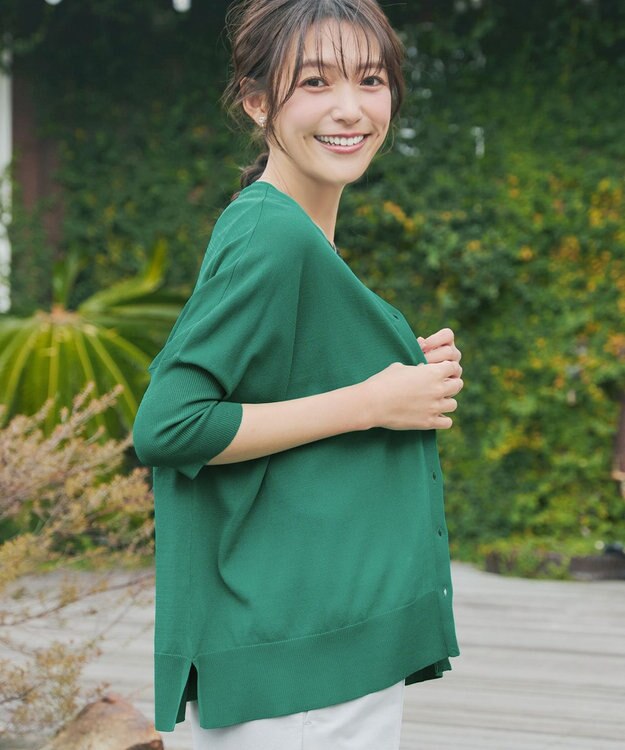 Tiaclasse L 軽やかニットドルマンカーディガン グリーン