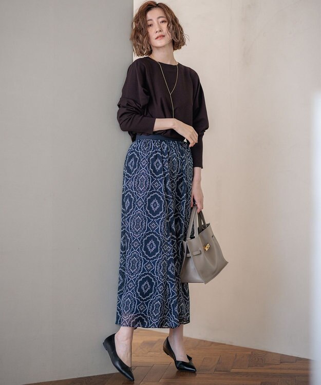 23区 S オーナメントプリント ギャザースカート ネイビープリント