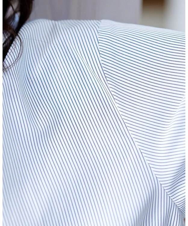 Tiaclasse 【洗える】ドロストギャザー袖シャツチュニック ネイビーストライプ