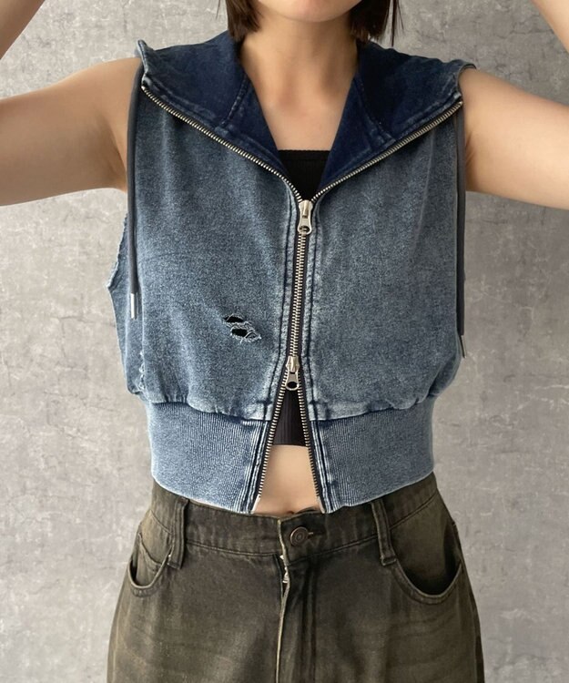 WEGO ヴィンテージウォッシュWジップN／Sパーカー デニム