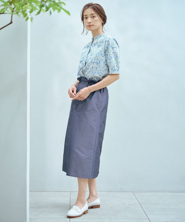 J.PRESS LADIES L 【洗える】LIBERTY バンドカラー ブラウス ブルー系