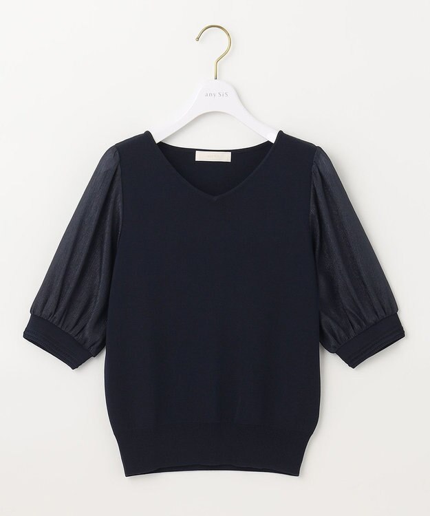 ANY SIS L 【洗える】シアースリーブコンビ ニット ネイビー