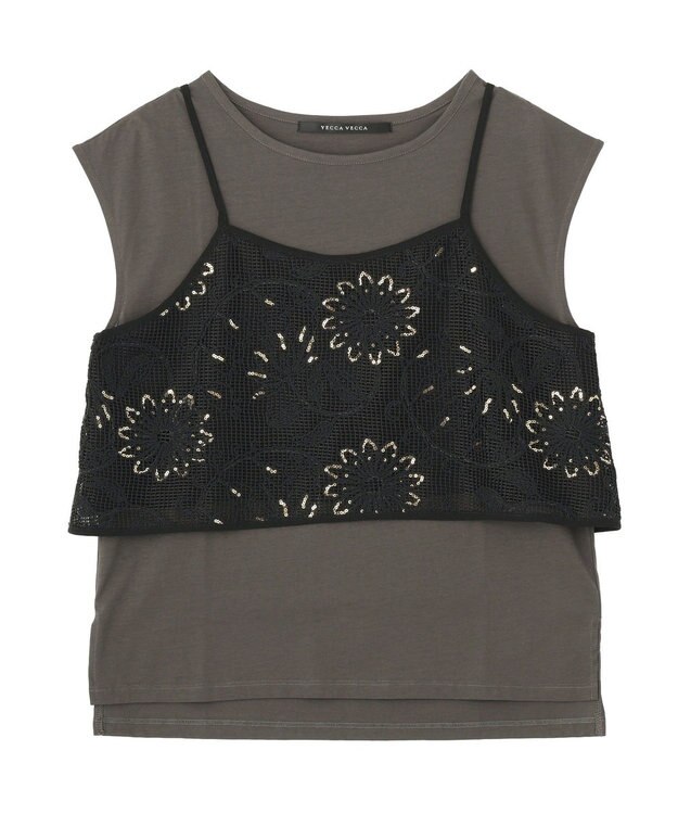 YECCA VECCA 【2点SET】刺繍メッシュキャミセットコットンTee Black