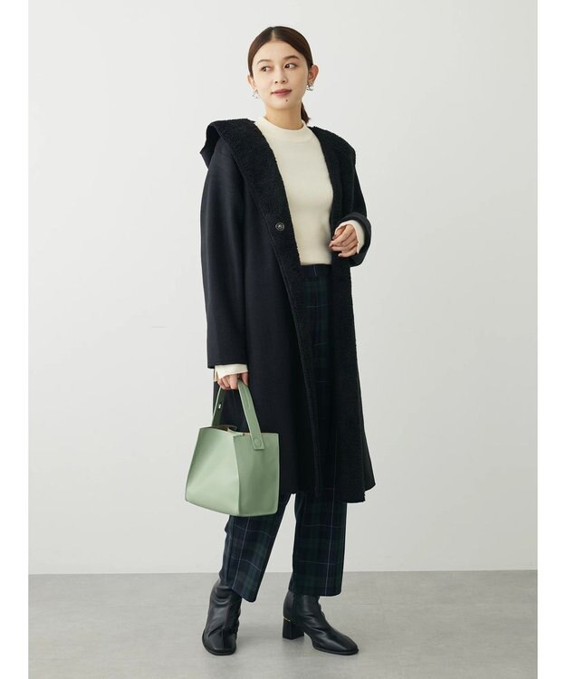 Green Parks フード付き裏ボアロングコーディガン Black