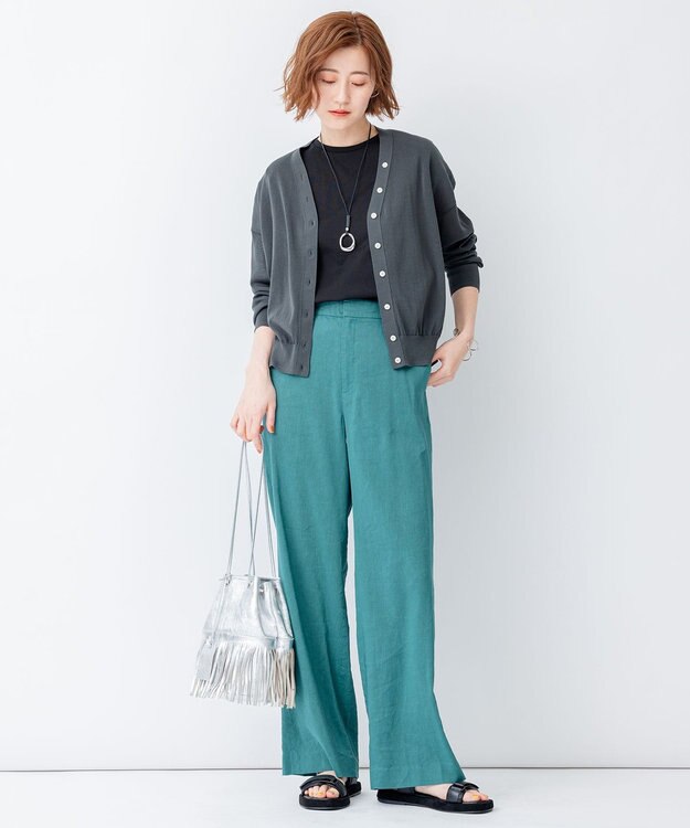 23区 【洗える】リネンレーヨンストレッチ ワイド パンツ ピーコックグリーン系