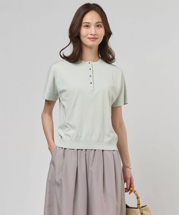 J.PRESS LADIES L COOL MINT COTTON POLYESTER ヘンリーネック ニット プルオーバー ライトミント系