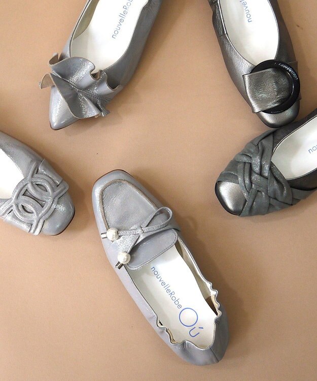 nouvelleRobe Oū 【本革・高反発】Square スクエアトゥ パール付きモカシン グリーンメタリック