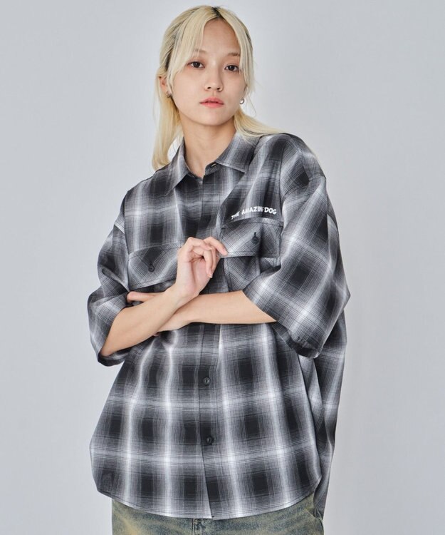 WEGO 【ユニセックス着用ITEM/MLサイズ展開】イラストオンブレチェックシャツ（SS） ブラックチェック1