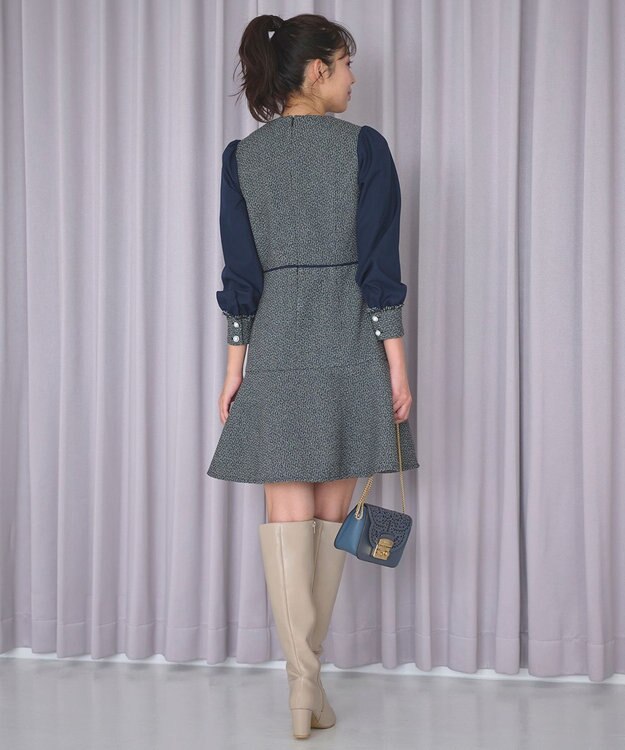 Feroux 【洗える】ツイードコンビミディ ワンピース ネイビー系