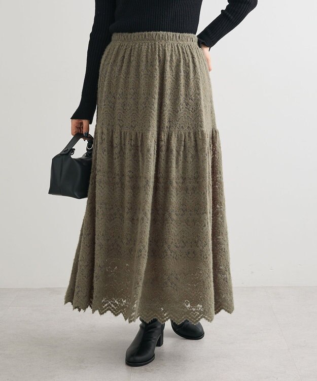 Green Parks 起毛レースティアードスカート Gray Beige