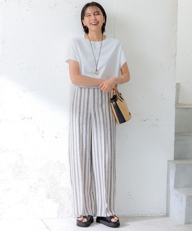 23区 S 【洗える】リネンストライプ ワイド パンツ ベージュストライプ