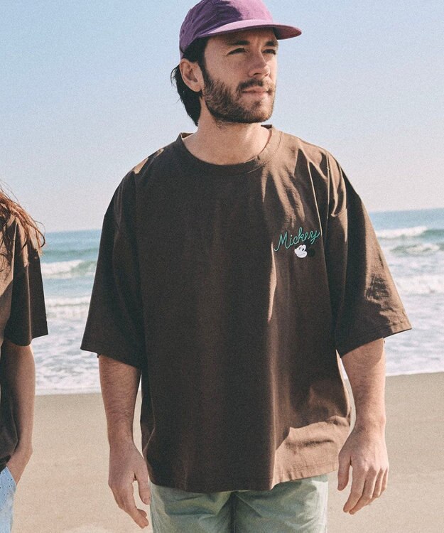 OP／FILA 【Ocean Pacific】ミッキー/水陸両用ビッグTシャツ/ユニセックス ブラウン