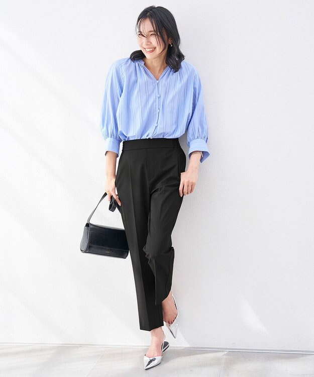 UNFILO ストライプレース ギャザーブラウス ブルー