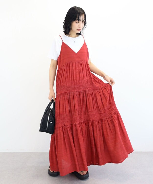 Green Parks シャーリングティアードキャミワンピース Red