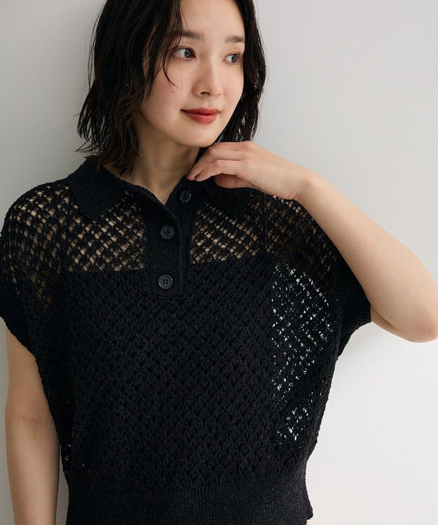 Green Parks 衿付き透かし編みニットプルオーバー Black