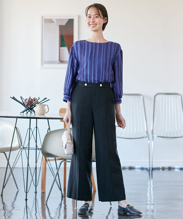 自由区 【XSサイズ～/洗える/セット可】オパールストライプ ブラウス ダルブルー系