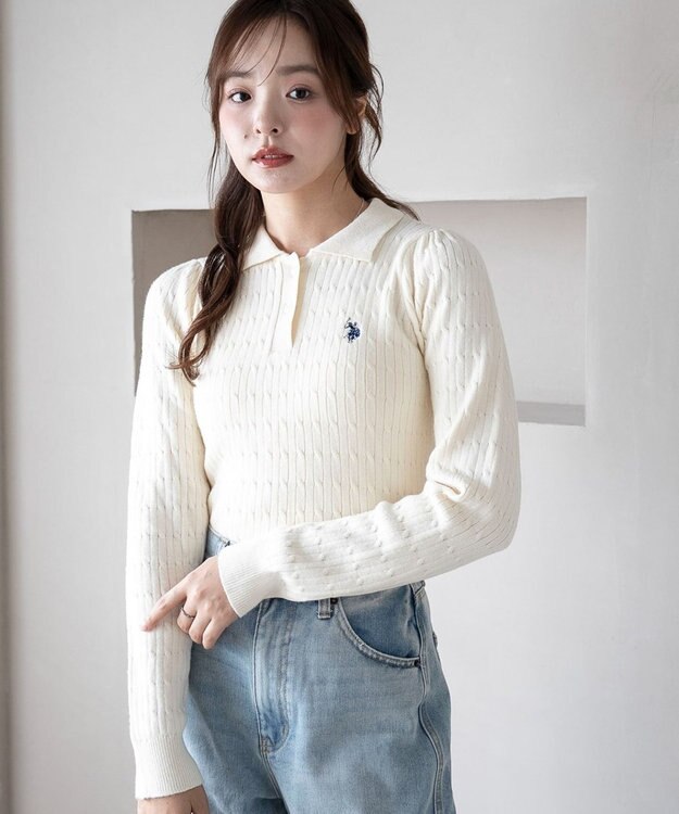 WEGO 【WEB限定/25年秋冬新作】別注USPOLOケーブルニットポロ ホワイトアイボリー