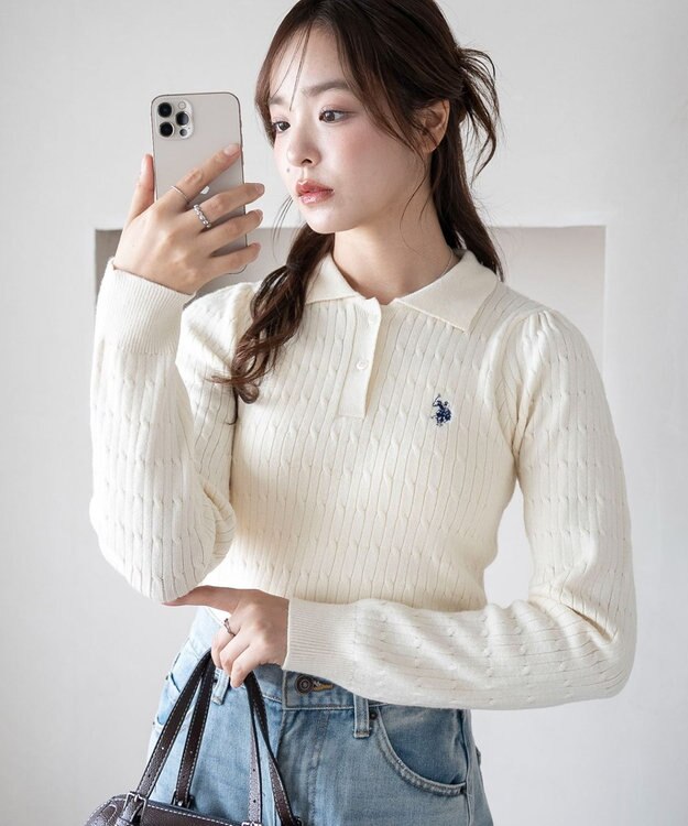 WEGO 【WEB限定/25年秋冬新作】別注USPOLOケーブルニットポロ ホワイトアイボリー