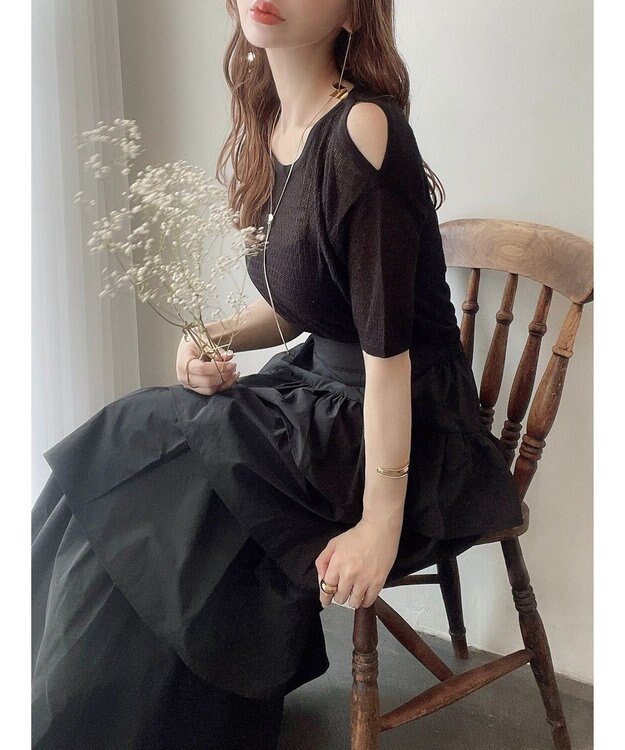 Green Parks 透かし編み肩あきニットプルオーバー Black