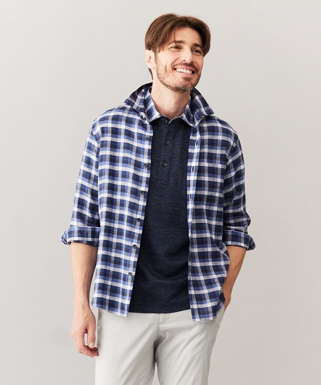 JOSEPH ABBOUD 【リネン素材/清涼感/吸水速乾】リネンハニカム 半袖 ポロシャツ ネイビー系