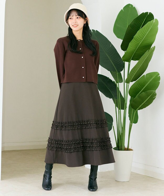 Feroux 胸元刺繍パールニット カーディガン ダークブラウン系