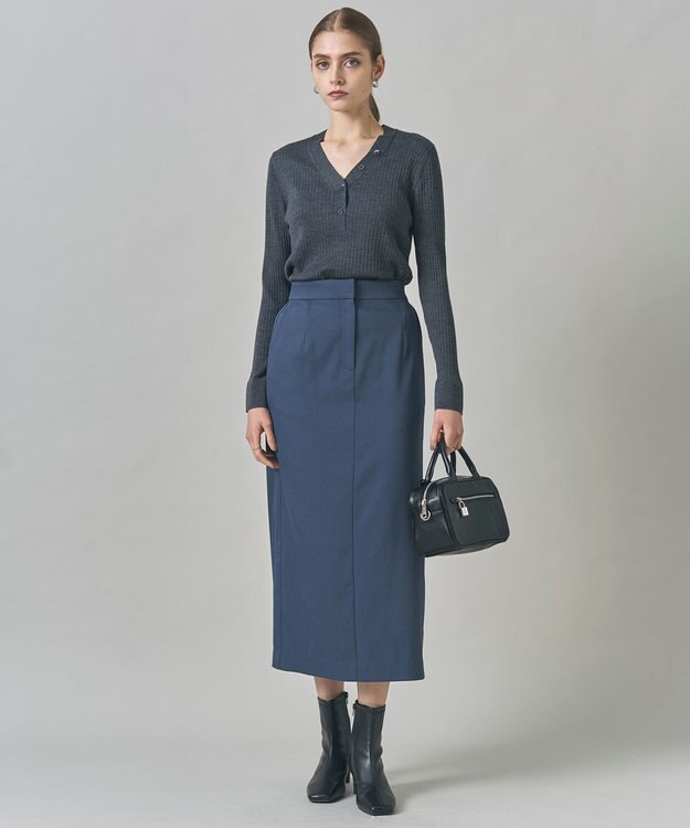 ICB 【CLASSY.掲載・裏起毛】 ウォームサテン Iラインスカート ブルーグレー系