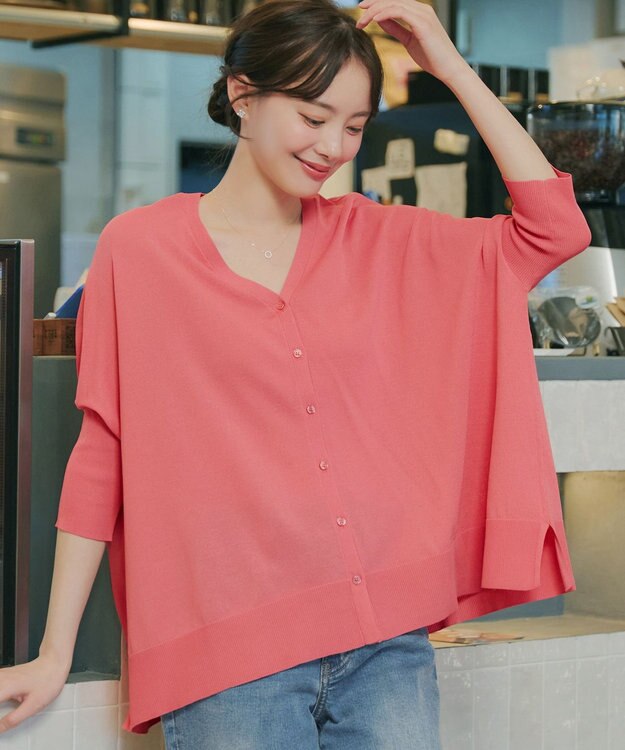 Tiaclasse L 軽やかニットドルマンカーディガン コーラル