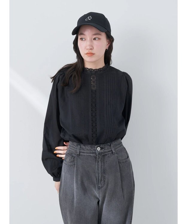 earth music&ecology ピンタックレースブラウス Black