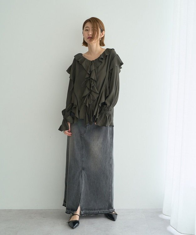 YECCA VECCA ラッフルリボンロングブラウス Dark Khaki