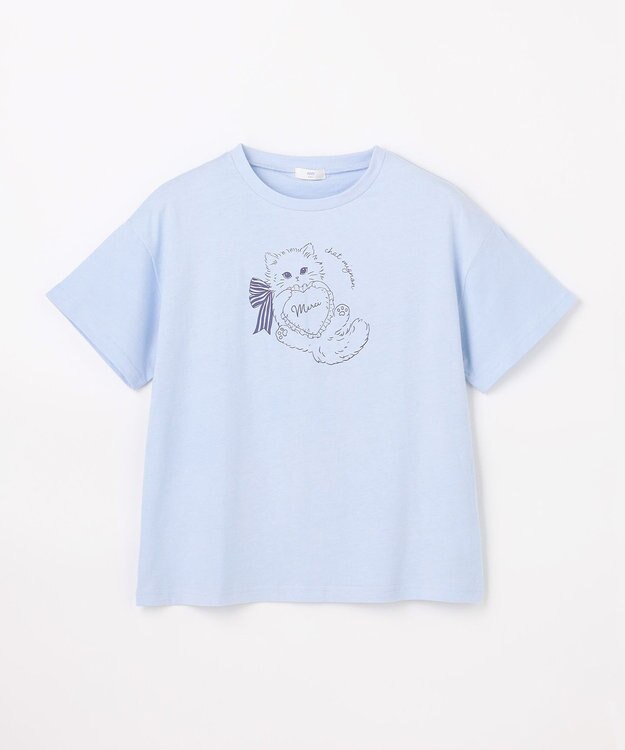 ANY KIDS 【綿100%/接触冷感】ひんやり オーバーサイズ アニマルTシャツ サックスブルー×ネコ