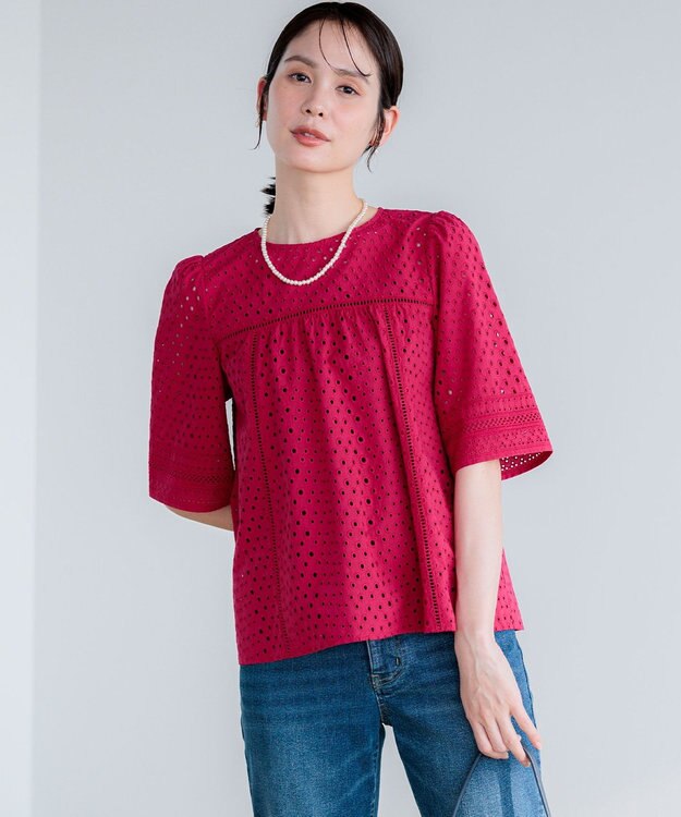 組曲 エンブロイダリーレース5分袖 ブラウス チェリーローズ系