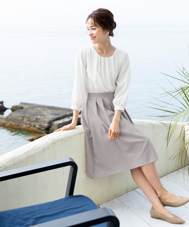 Tiaclasse 【洗える】ブラウスドッキングツイードワンピース オフホワイト×グレージュ