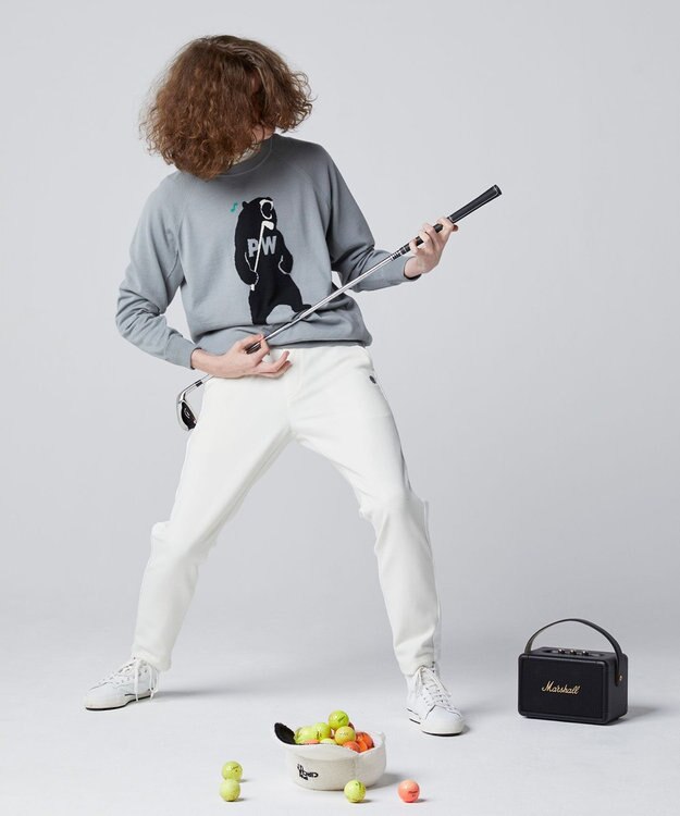 PW CIRCULUS 【MEN】【洗える】ベアスタンドモチーフ ラグランスリーブ クルーネック ニット ライトグレー系