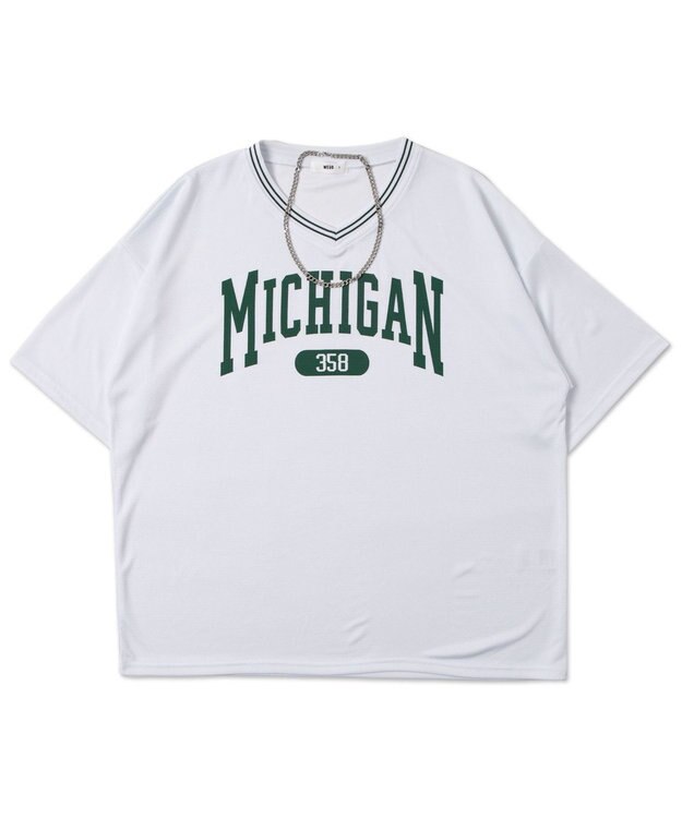 WEGO 【ユニセックス着用ITEM/2点セットネックレス付き/MLサイズ展開】アクセ付きラインリブメッシュプルオーバー ホワイト