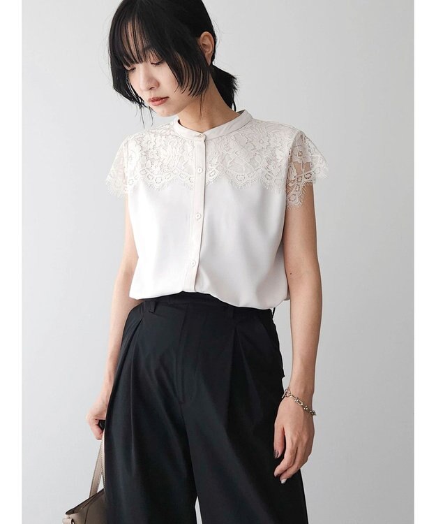 Green Parks 胸元レースフレンチスリーブブラウス Off White