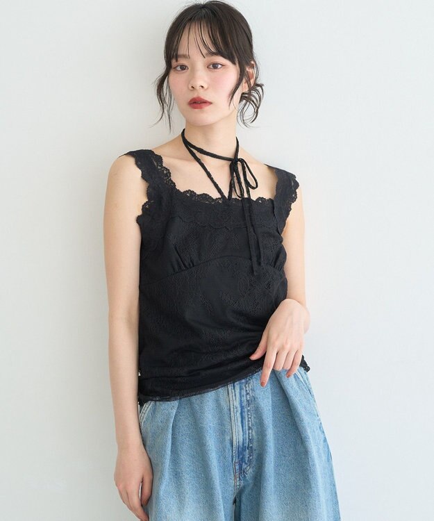 earth music&ecology 総レースホルターネックキャミソール Black