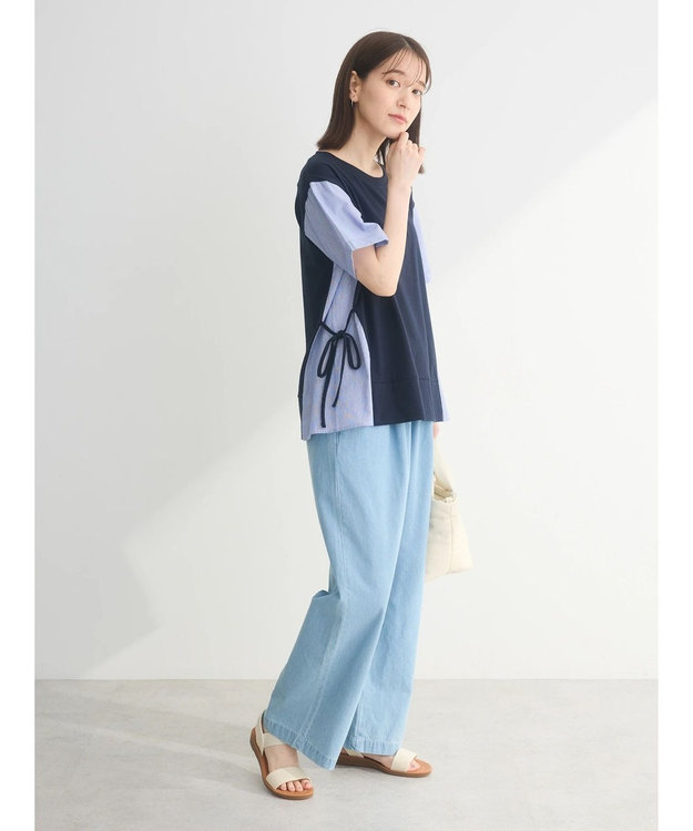 Green Parks 脇リボン５分袖布帛ドッキングプルオーバー Navy