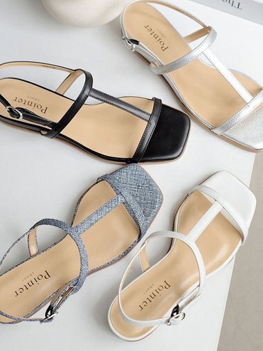 Pointer 日本製 本革ゴム仕様ストラップスクエアトゥサンダル