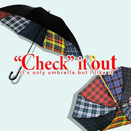 ひょっこり顔を覗かすマルチチェック柄の傘