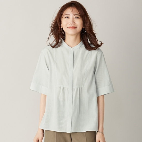 接触冷感素材の爽やかストライプ柄コットンブラウス