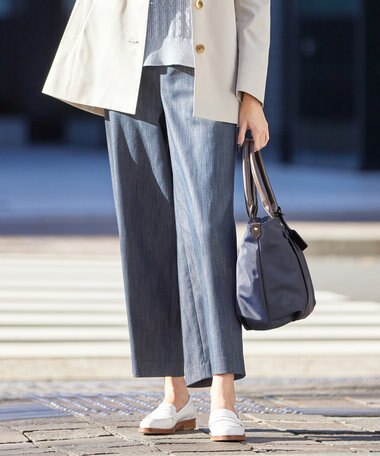  【洗える】セルロースシャンブレー セミワイド マリン パンツ