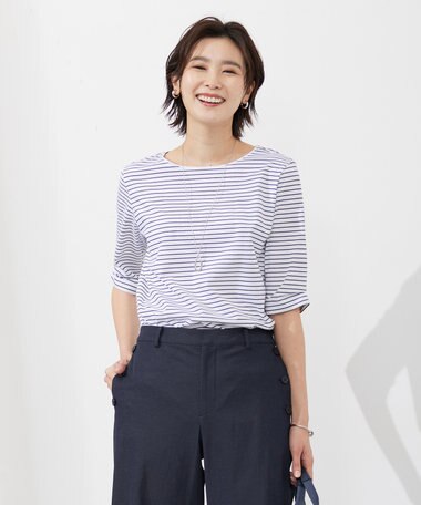  【接触冷感・UVケア】 スムースジャージー タックスリーブ ボーダー カットソー