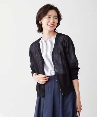  【洗える】LINEN MIX SHEER Vネック カーディガン