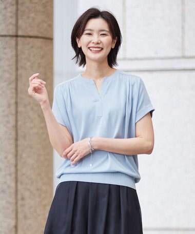  【洗える・抗菌防臭】コットンアセテート バンドカラー ニット