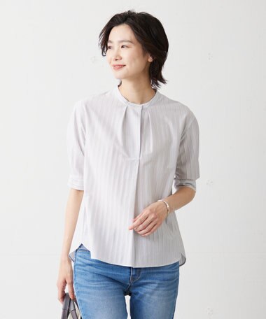  【イージーケア】ストライプジャージー バンドカラー カットソー