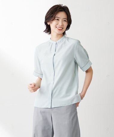  【洗える・イージーケア】ライトタンブラー バンドカラー ブラウス