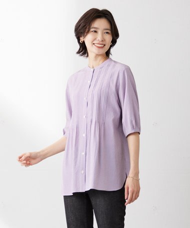  【洗える】アセVis ギンガム バンドカラー ピンタック ブラウス