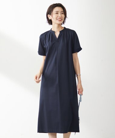  【接触冷感・UVケア】コンパクトコットンスムース バンドカラー ワンピース