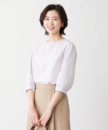  【洗える】APESCO ストライプ ボリュームスリーブ ブラウス